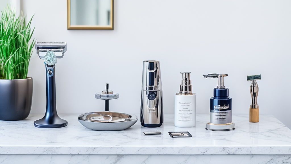 Professzionális borotválkozási felszerelés forgó és rezgő borotvákkal kiegészítőkkel márvány fürdőszoba pulton