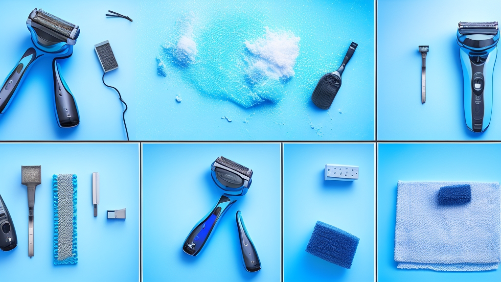 Lépésről lépésre elektromos borotva mélytisztítási folyamat szétszerelt alkatrészekkel tisztítószerben és szárítás közben