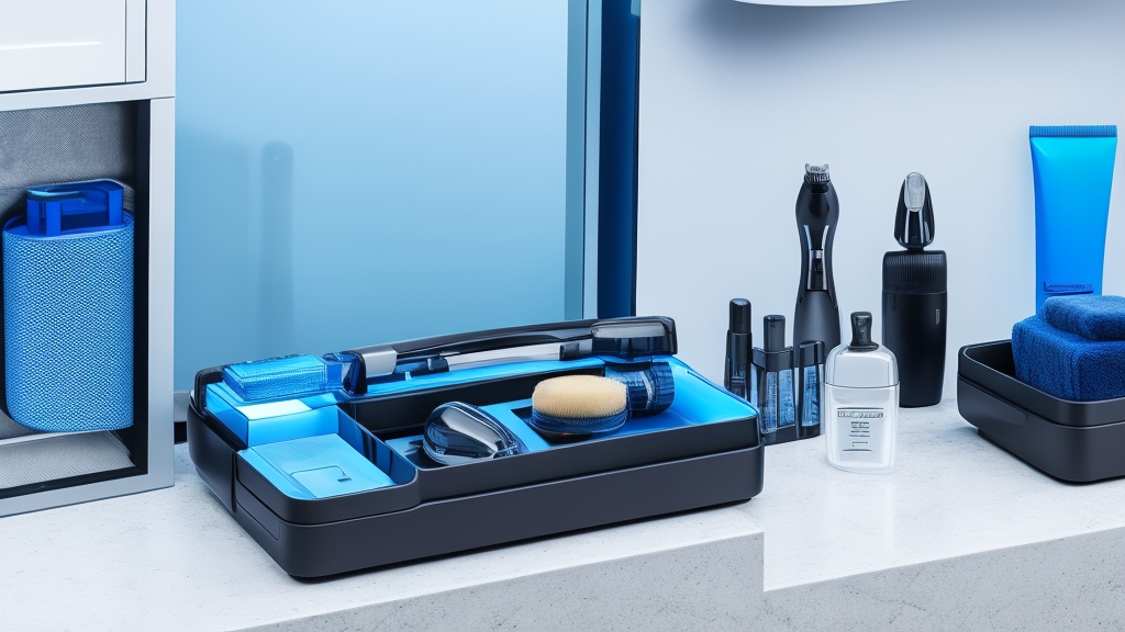 Professzionális elektromos borotva tárolási elrendezés szervezett fürdőszoba pulton védőtokban és tisztítószerekkel