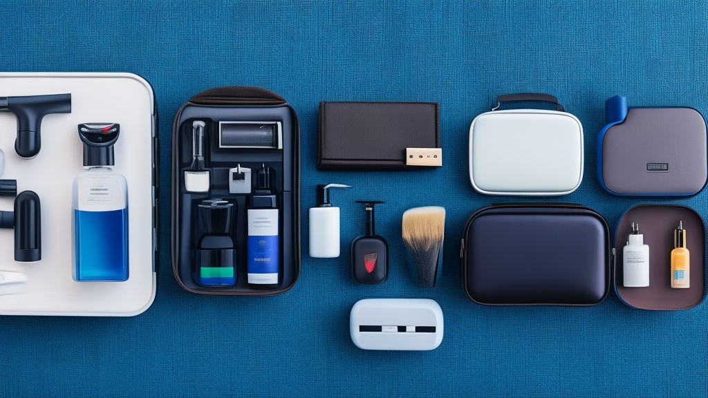 Utazási ápolási szett elektromos borotva töltőkábel utazótok kis aftershave üvegek hotel fürdőszoba pulton